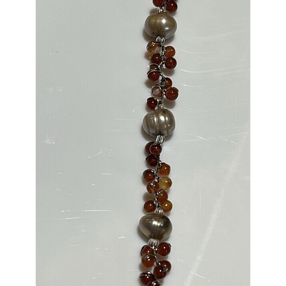 925 Sterling Light Grey Fresh Water Pearls/Wire Wrapped Carnelian Necklace 16in - Picture 3 of 9